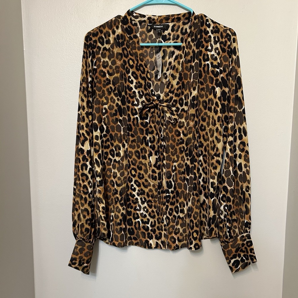 Express Women's L Leopard Print V-Neck Tie Long Sleeve Button Blouse New